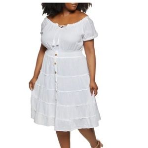 Gauze knit off shoulder peasant dress